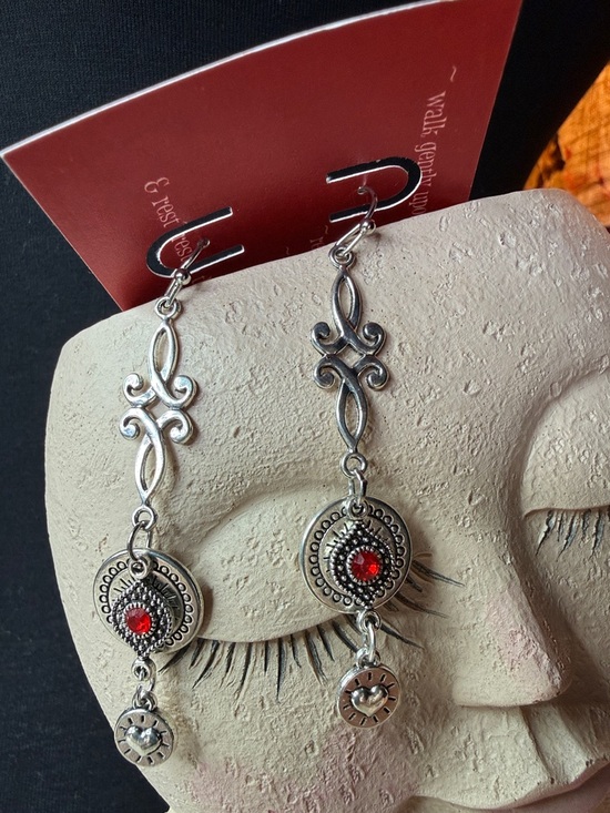 Jewelry - Sterling-Tone Silver Dangle Earrings with Red Accent